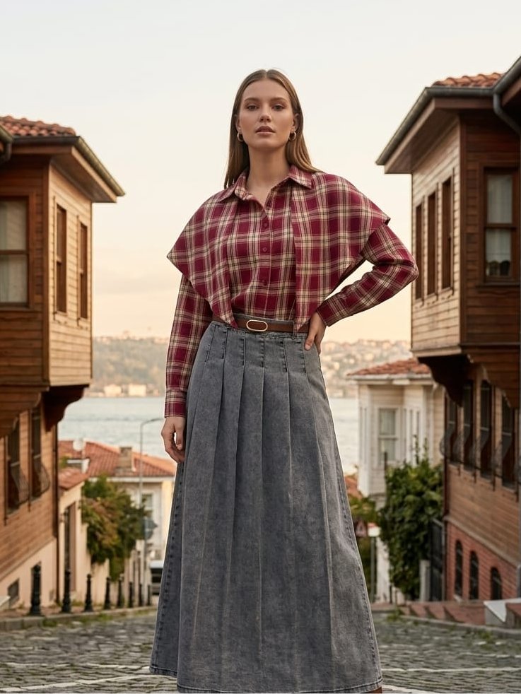 Pleated Denim Maxi Skirt.