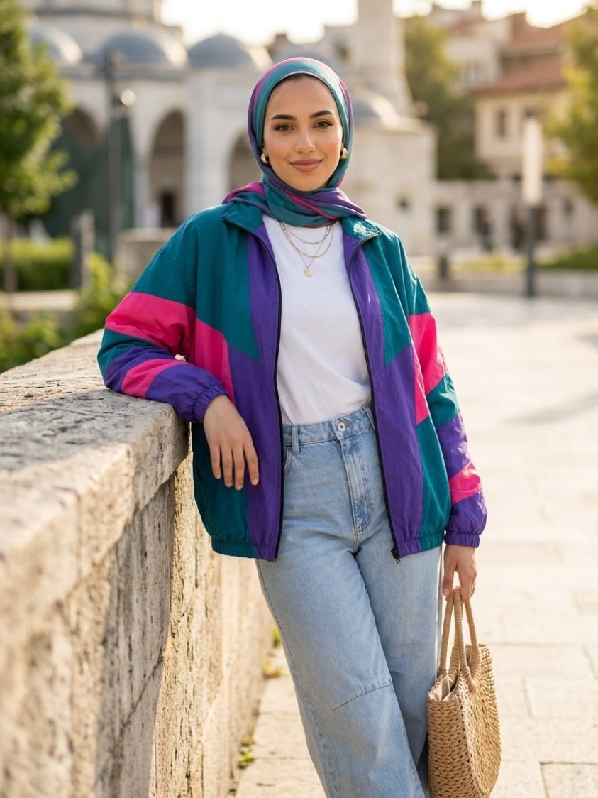 جاكيت ويندبريكر (واقي من الرياح) بنمط ريترو كتل الألوان من التسعينيات